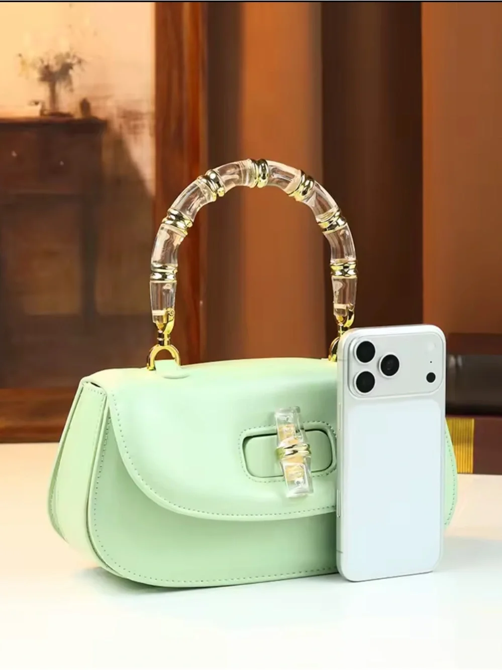Mint Green Women’s Top-Handle Bag with Clear Bamboo Handle